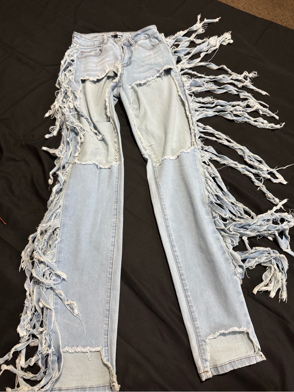 Fashion Nova Light Blue Fringe Distressed Straight Leg Jeans